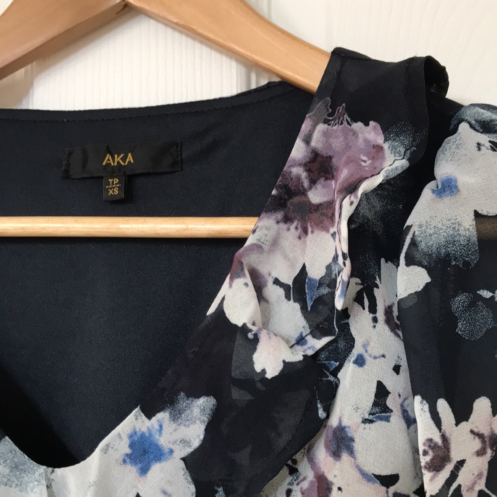 AKA Sapphire Blue Floral Mini Dress with Tiered Ruffles; Long Sleeve; XS - Picture 3 of 16